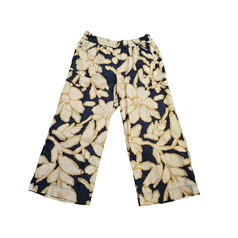 Democracy Wide Leg Crop Pants Tan Black Floral Pull On Elastic Waist Relaxed 12